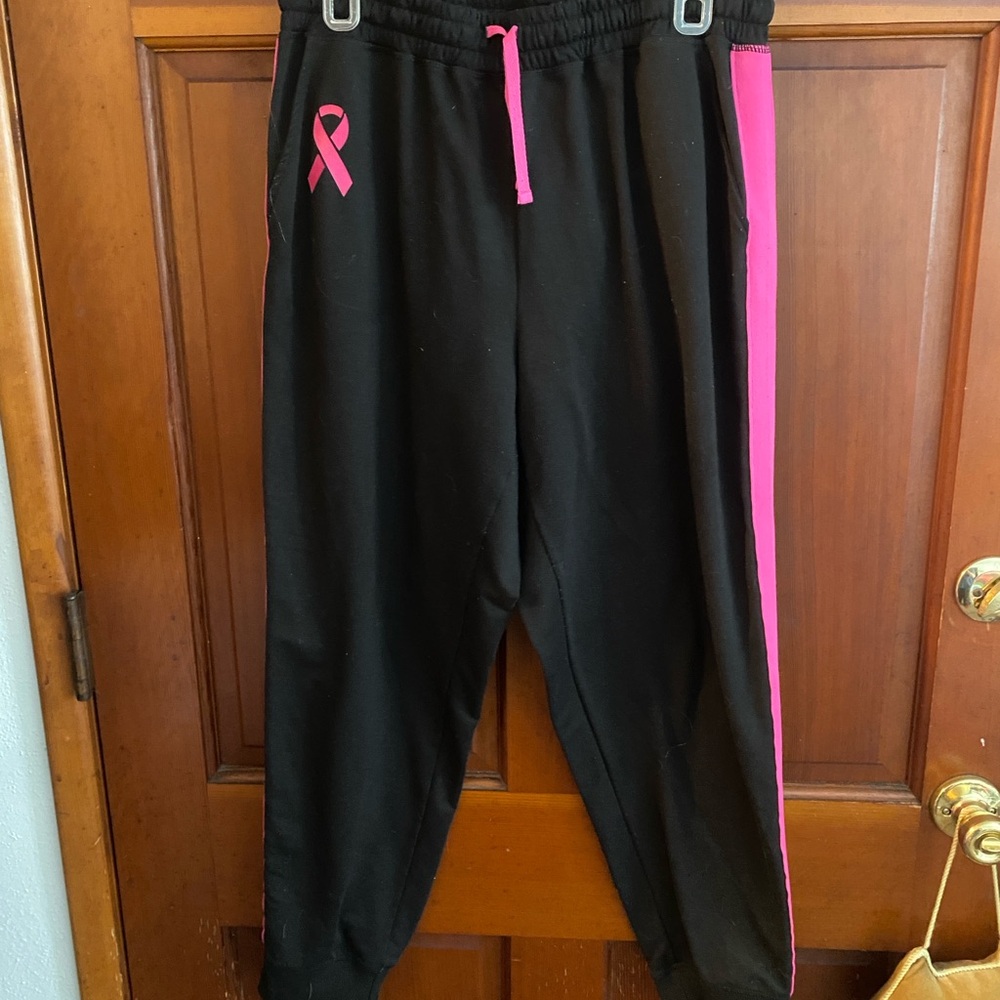 LuLaRoe Black Track Pants with Pink Ribbon & Side Stripe
